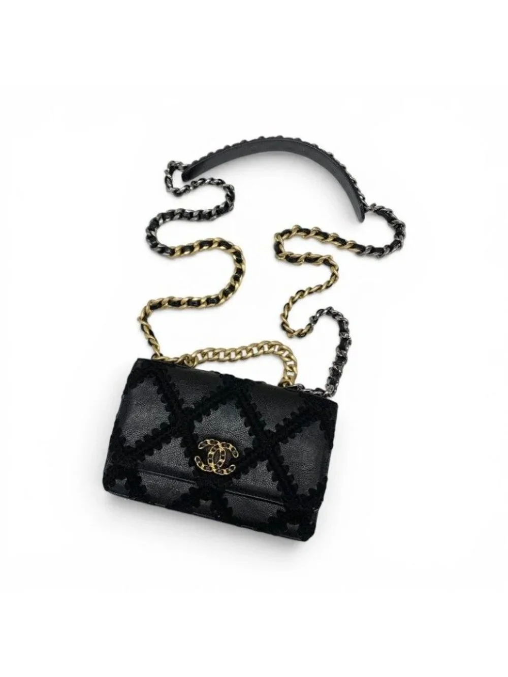Chanel Shoulder Bag Black Gold Silver 19 CC Logo Crochet Chain Wallet